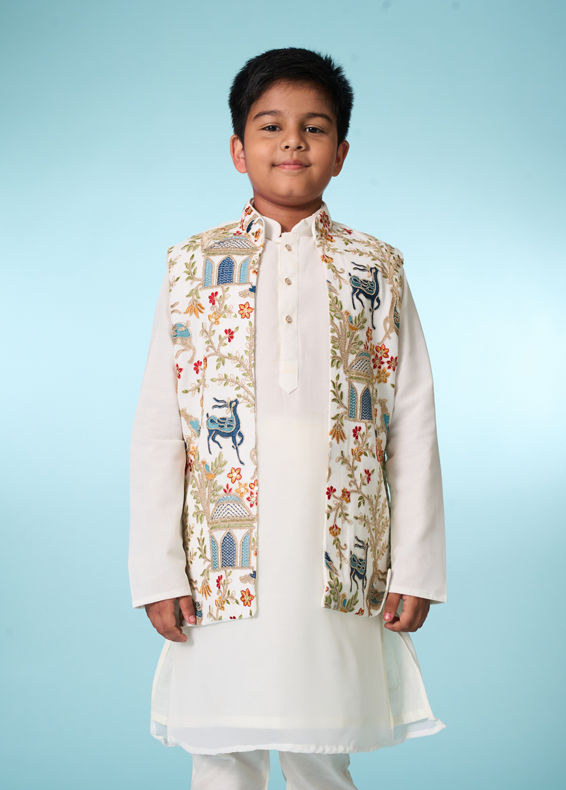 Manyavar Boys Cream Elegance Kurta Jacket Set