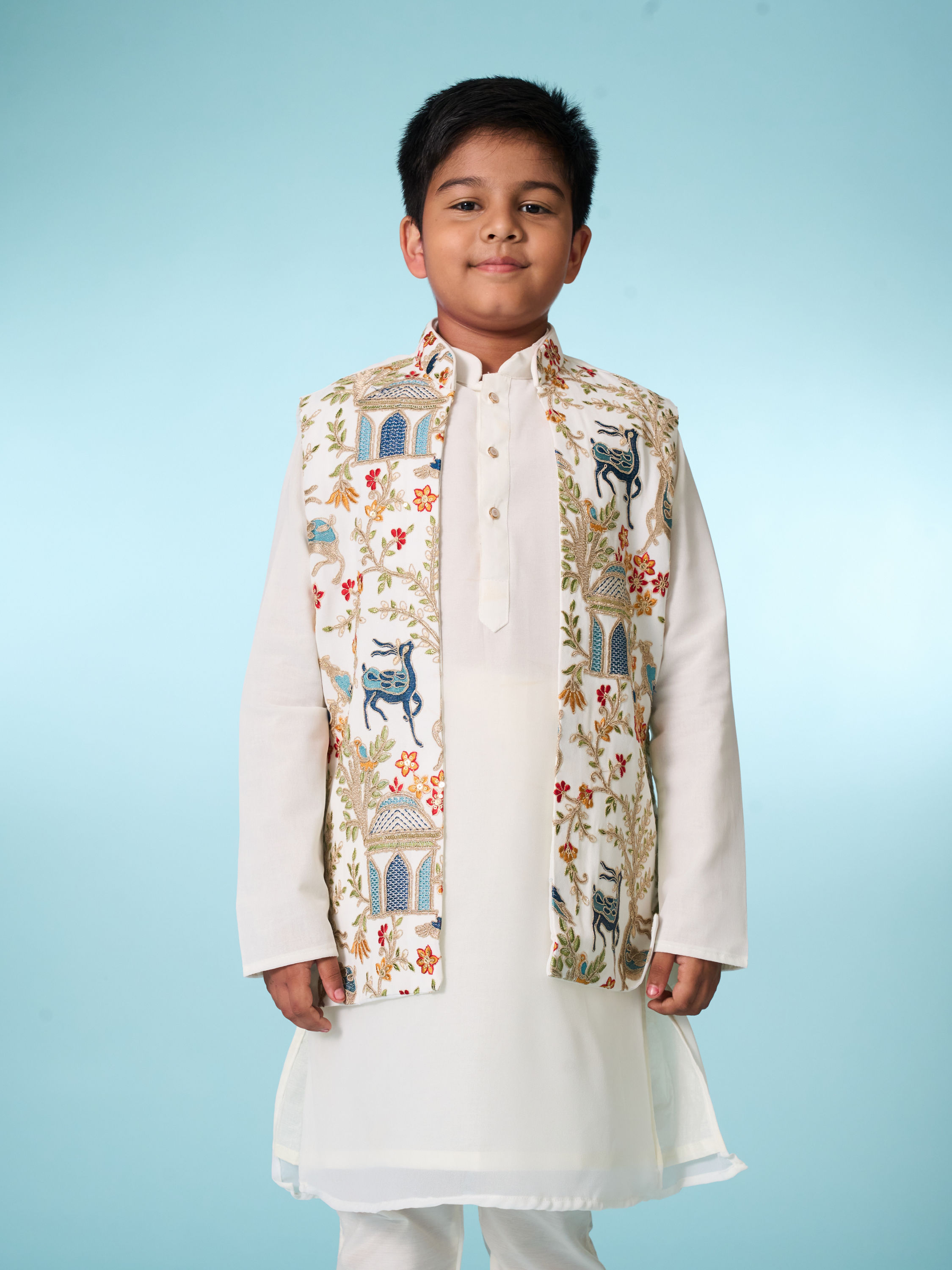Manyavar Boys Cream Elegance Kurta Jacket Set