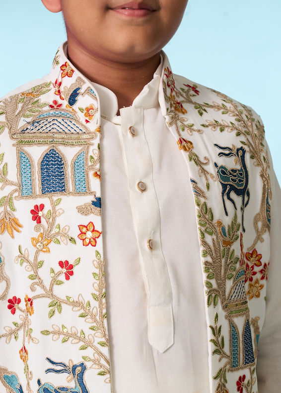 Manyavar Boys Cream Elegance Kurta Jacket Set