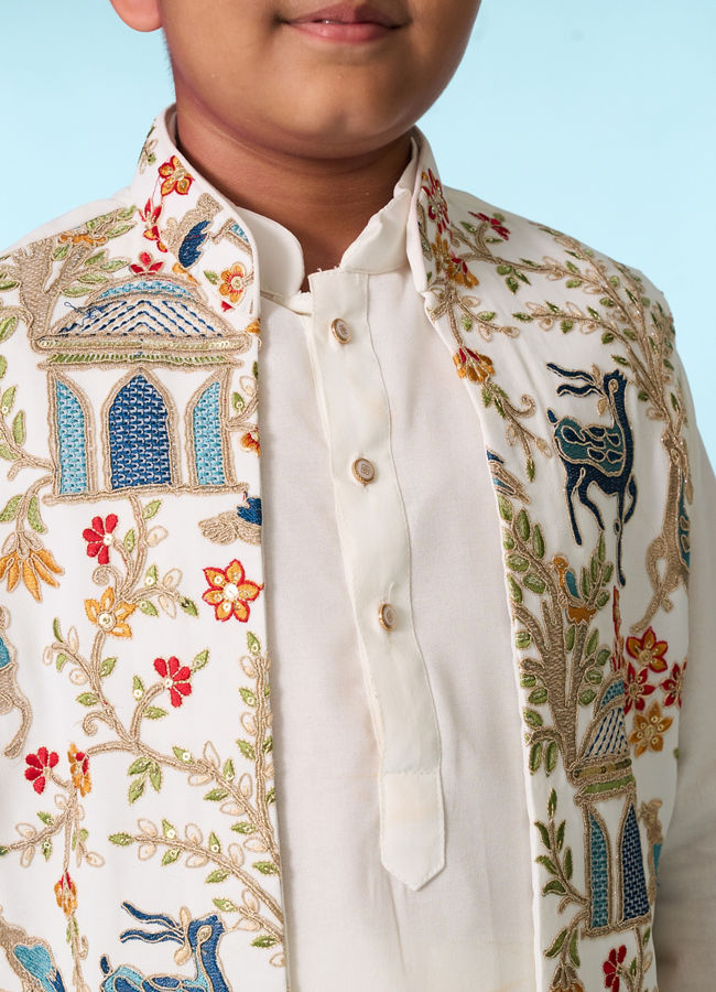 Manyavar Boys Cream Elegance Kurta Jacket Set