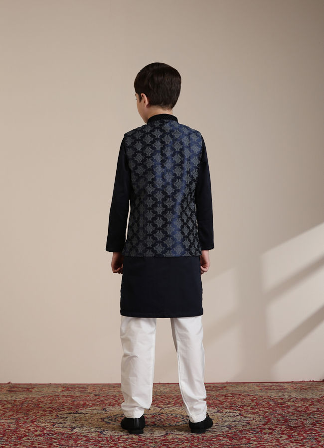 Manyavar Boys Boys Dark Blue Imperial Jaal Patterned Jacket Set