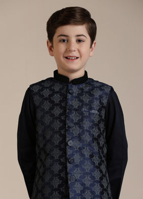 alt message - Manyavar Boys Boys Dark Blue Imperial Jaal Patterned Jacket Set image number 0