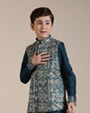 alt message - Manyavar Boys Boys Teal Blue Bagh Chowkadi Patterned Jacket Set image number 0