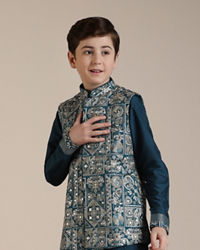 Manyavar Boys Boys Teal Blue Bagh Chowkadi Patterned Jacket Set