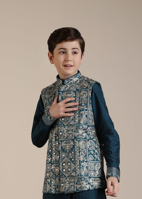 Manyavar Boys Boys Teal Blue Bagh Chowkadi Patterned Jacket Set