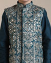 alt message - Manyavar Boys Boys Teal Blue Bagh Chowkadi Patterned Jacket Set image number 1