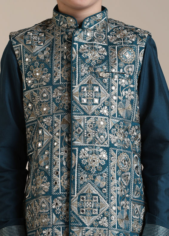 Manyavar Boys Boys Teal Blue Bagh Chowkadi Patterned Jacket Set