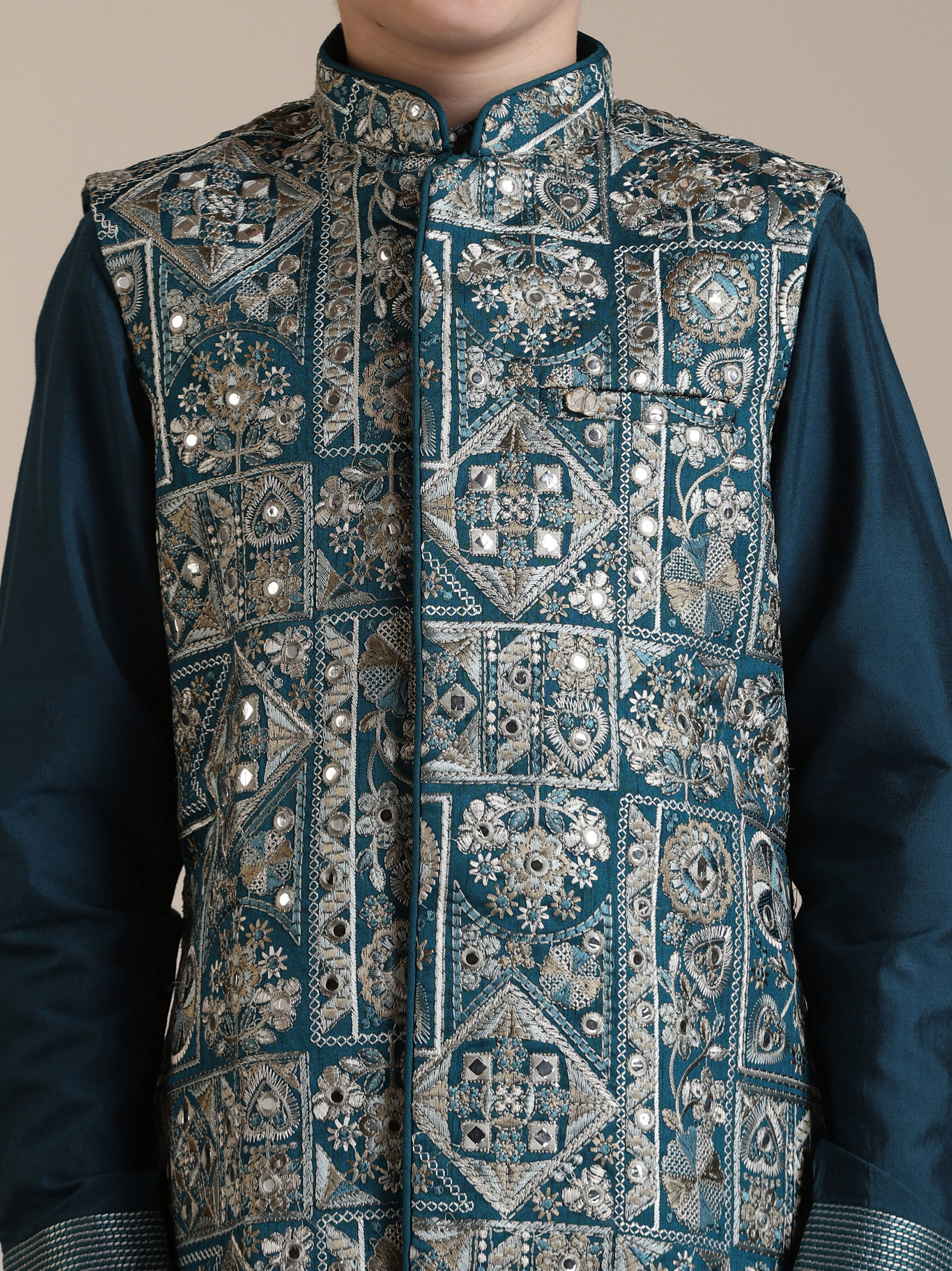 Manyavar Boys Boys Teal Blue Bagh Chowkadi Patterned Jacket Set