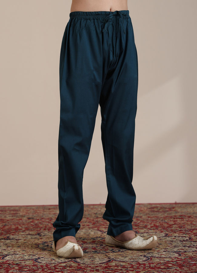 Manyavar Boys Boys Teal Blue Bagh Chowkadi Patterned Jacket Set