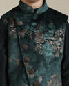 Manyavar Boys Boys Bottle Green Floral Patterned Jacket Set with Brooch