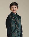 Manyavar Boys Boys Bottle Green Floral Patterned Jacket Set with Brooch