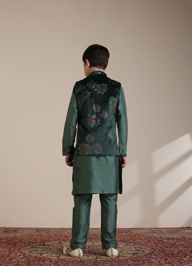 Manyavar Boys Boys Dark Green Floral Printed Angrakha Style Jacket Set