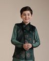 alt message - Manyavar Boys Boys Dark Green Floral Printed Angrakha Style Jacket Set image number 0