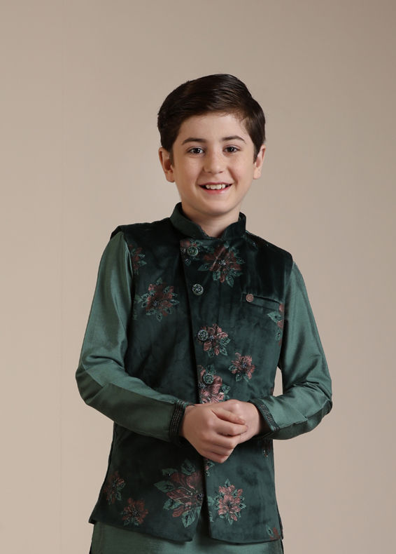 Manyavar Boys Boys Dark Green Floral Printed Angrakha Style Jacket Set