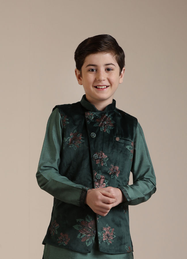 alt message - Manyavar Boys Boys Dark Green Floral Printed Angrakha Style Jacket Set image number 0