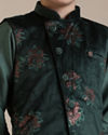 alt message - Manyavar Boys Boys Dark Green Floral Printed Angrakha Style Jacket Set image number 1