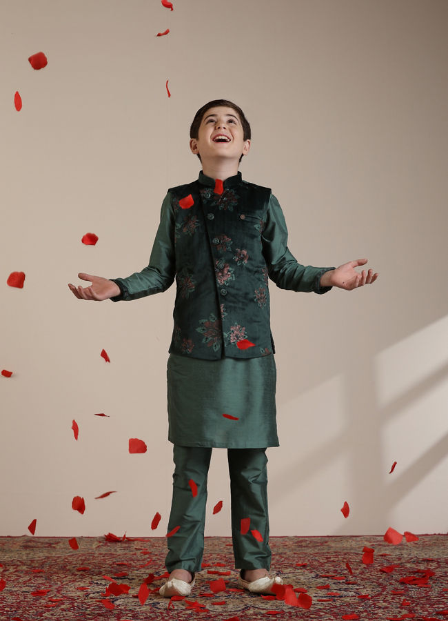 Manyavar Boys Boys Dark Green Floral Printed Angrakha Style Jacket Set