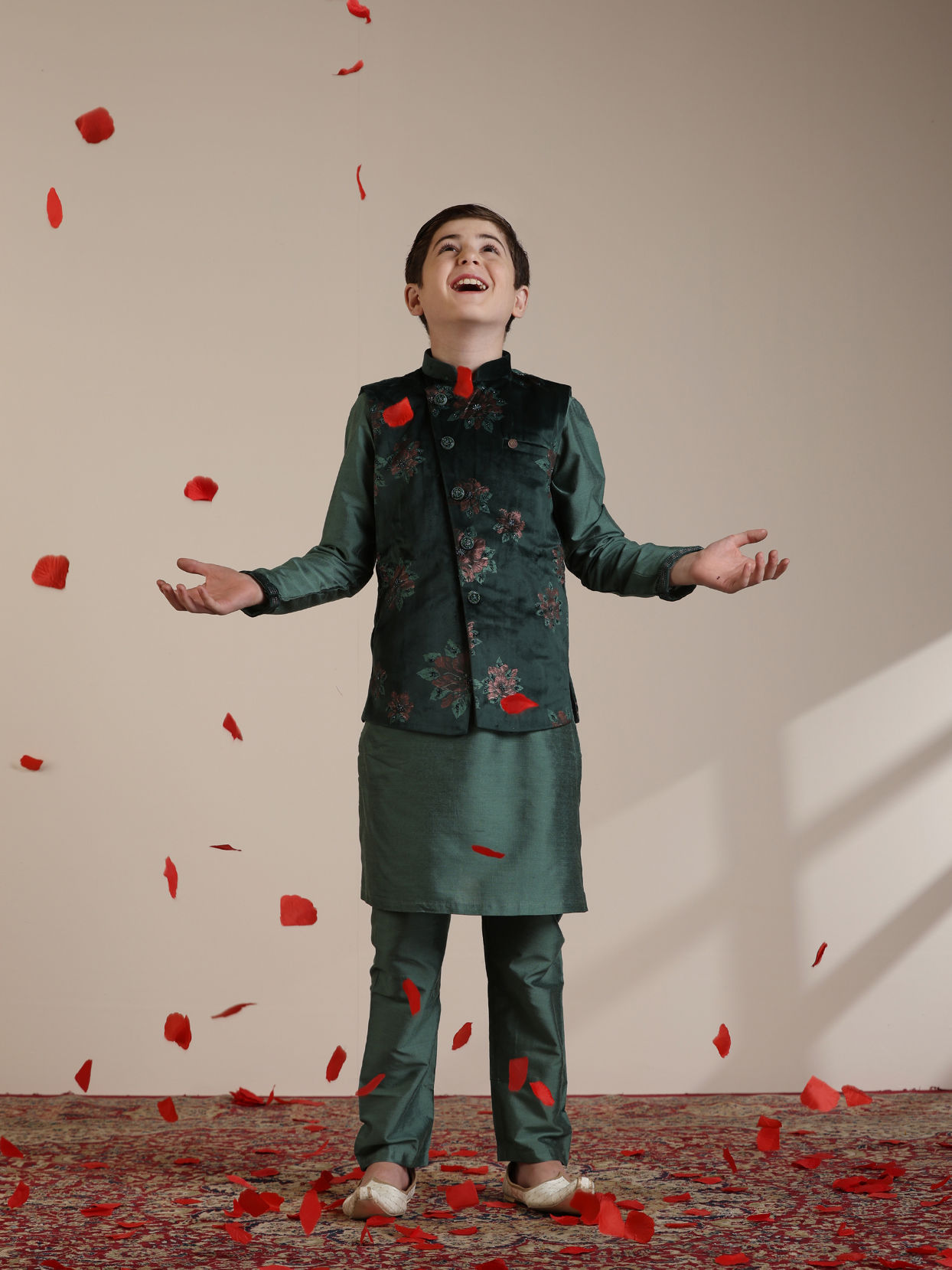 Manyavar Boys Boys Dark Green Floral Printed Angrakha Style Jacket Set