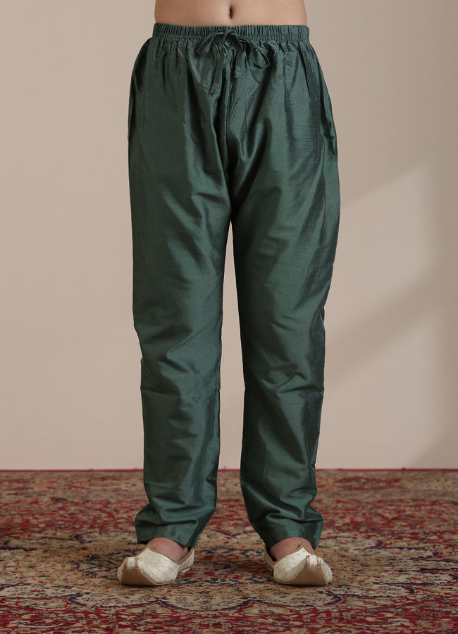 Manyavar Boys Boys Dark Green Floral Printed Angrakha Style Jacket Set