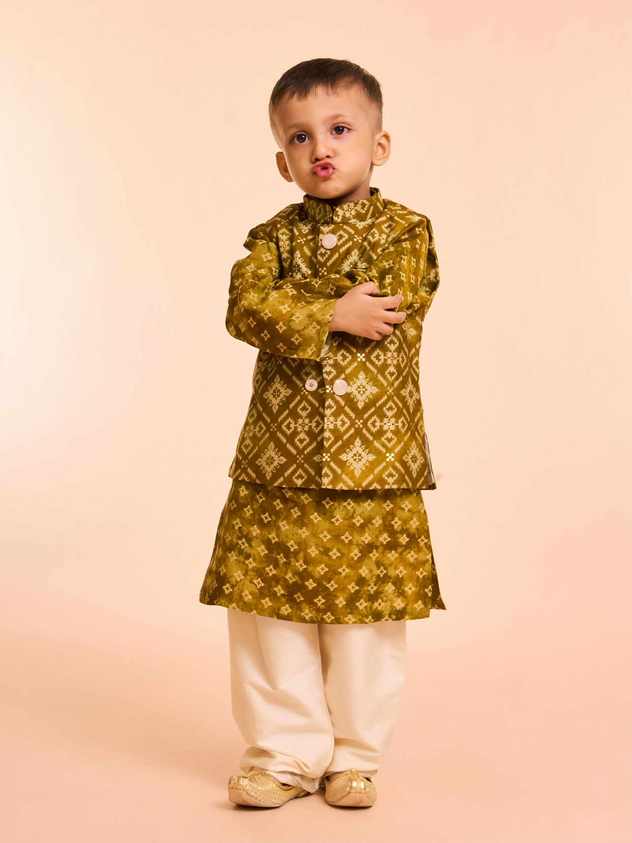 Manyavar Boys Mehndi Green Kurta Jacket Set