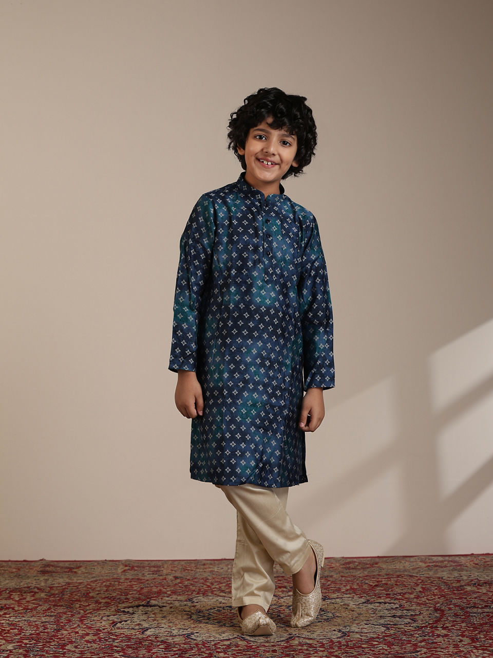 Manyavar Boys Boys Teal Blue Diamond Patterned Jacket Set