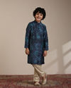 Manyavar Boys Boys Teal Blue Diamond Patterned Jacket Set