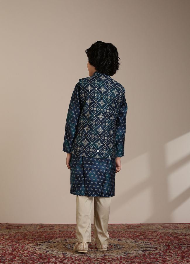Manyavar Boys Boys Teal Blue Diamond Patterned Jacket Set