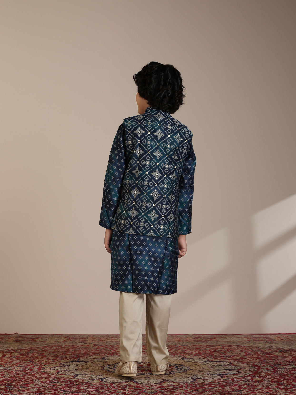 Manyavar Boys Boys Teal Blue Diamond Patterned Jacket Set