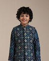 alt message - Manyavar Boys Boys Teal Blue Diamond Patterned Jacket Set image number 0