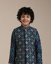 Manyavar Boys Boys Teal Blue Diamond Patterned Jacket Set