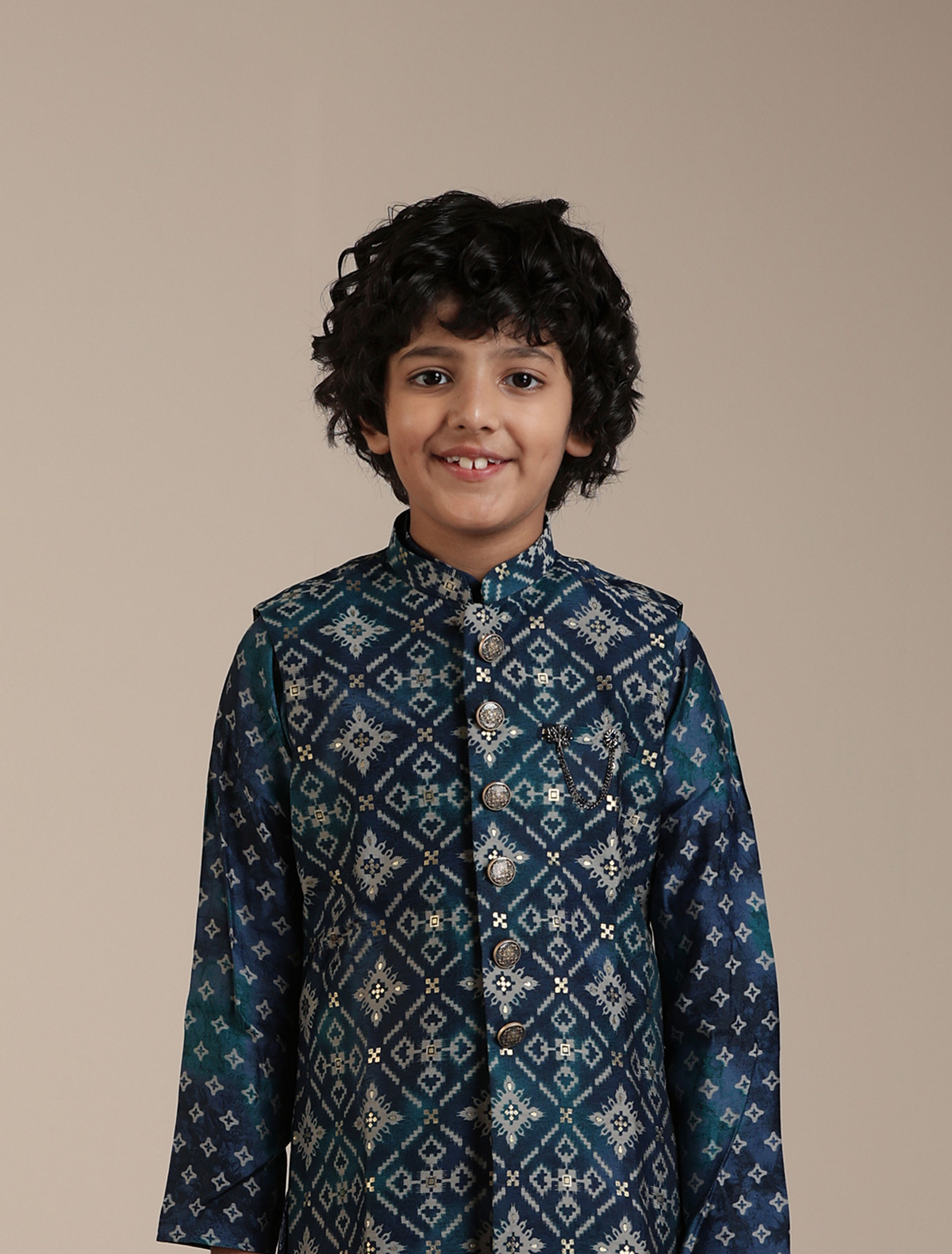 Manyavar Boys Boys Teal Blue Diamond Patterned Jacket Set