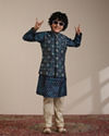 Manyavar Boys Boys Teal Blue Diamond Patterned Jacket Set