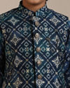 Manyavar Boys Boys Teal Blue Diamond Patterned Jacket Set
