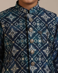 Manyavar Boys Boys Teal Blue Diamond Patterned Jacket Set