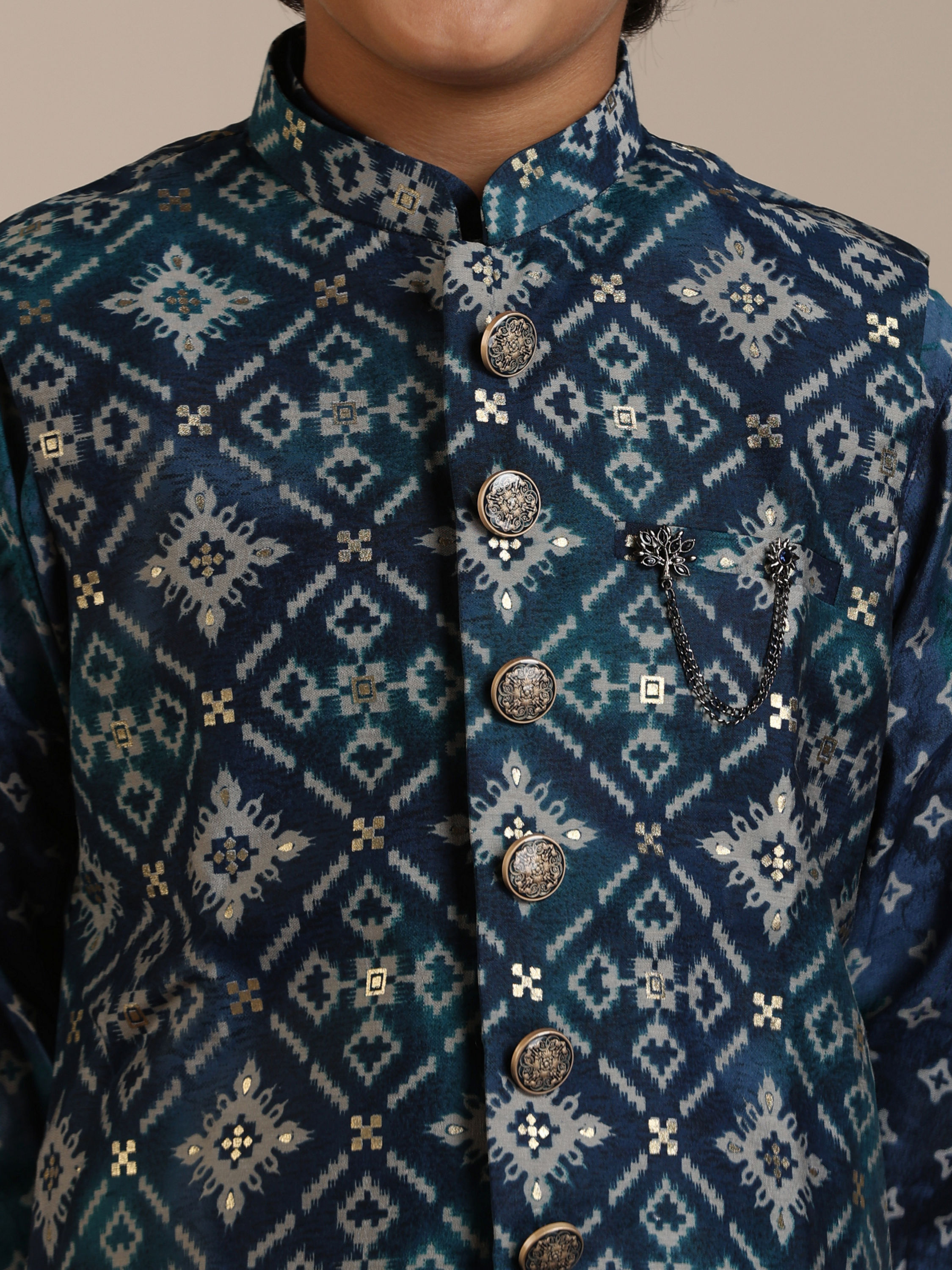 Manyavar Boys Boys Teal Blue Diamond Patterned Jacket Set