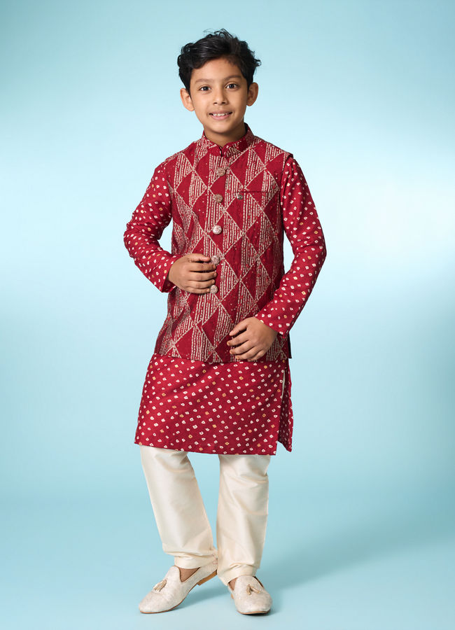 Manyavar Boys Regal Red Kurta Jacket Set