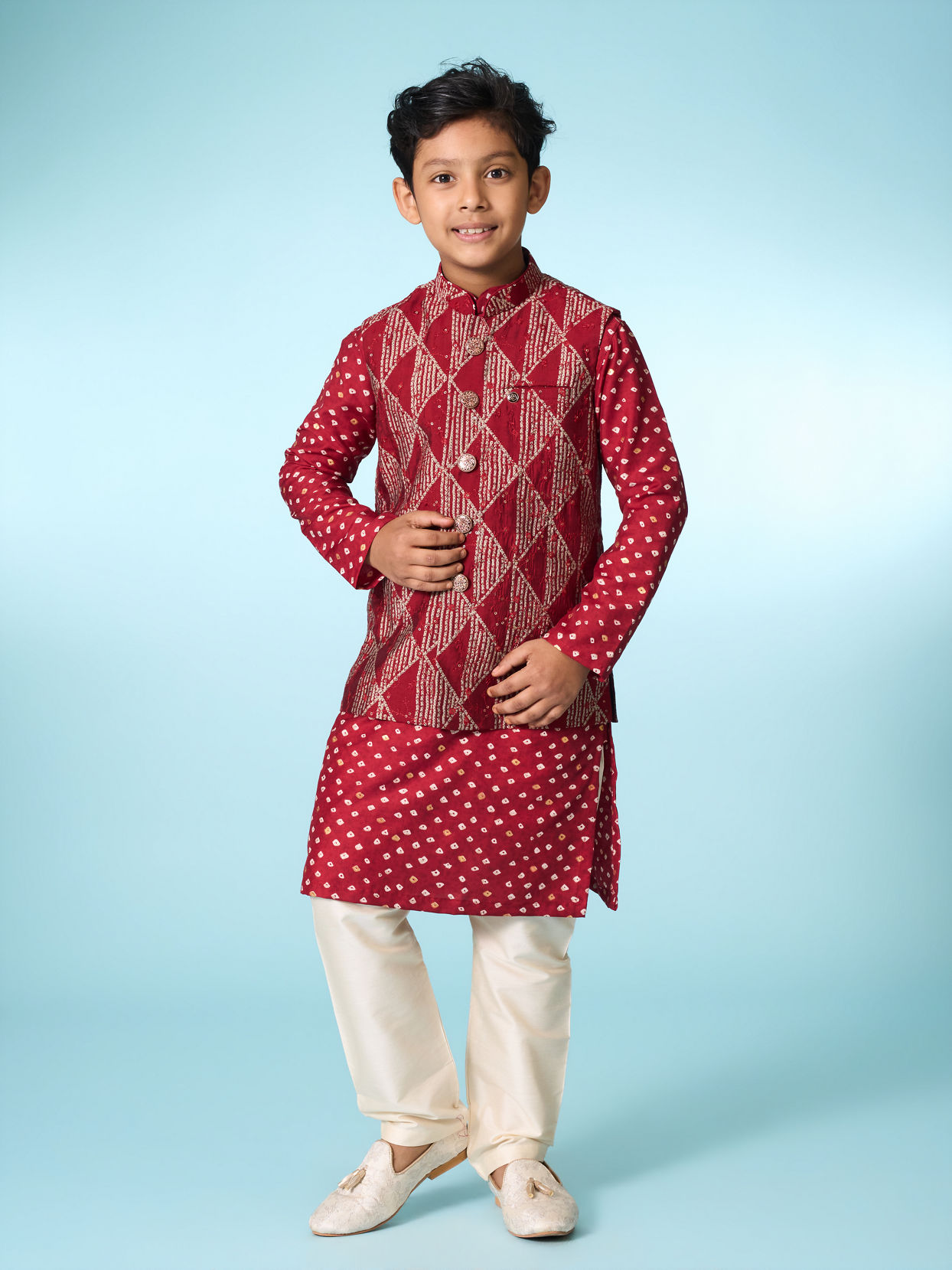 Manyavar Boys Regal Red Kurta Jacket Set