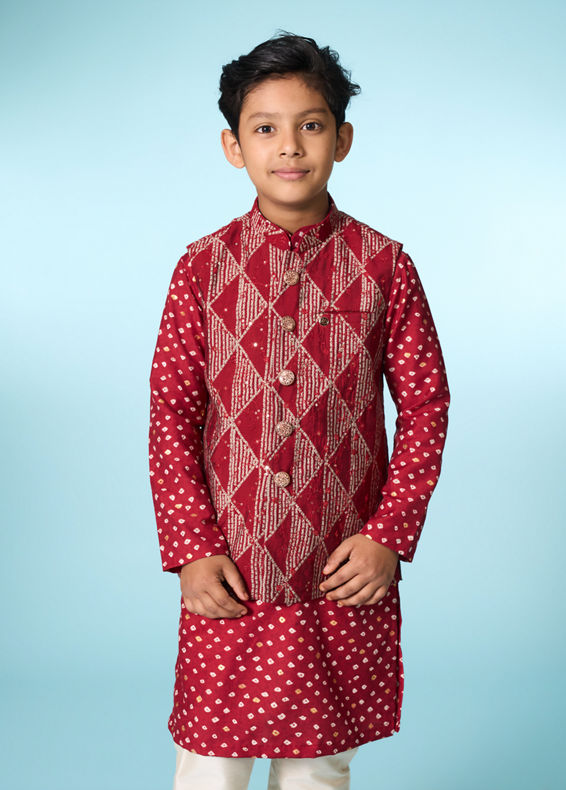 Manyavar Boys Regal Red Kurta Jacket Set