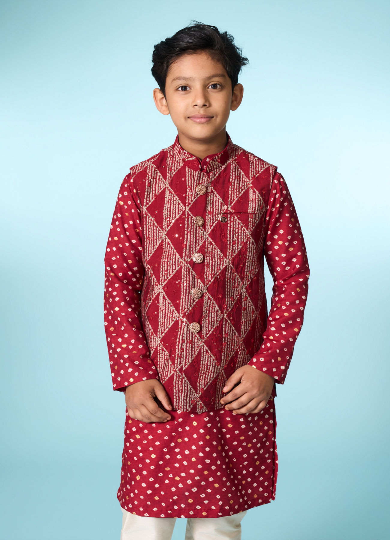 Manyavar Boys Regal Red Kurta Jacket Set