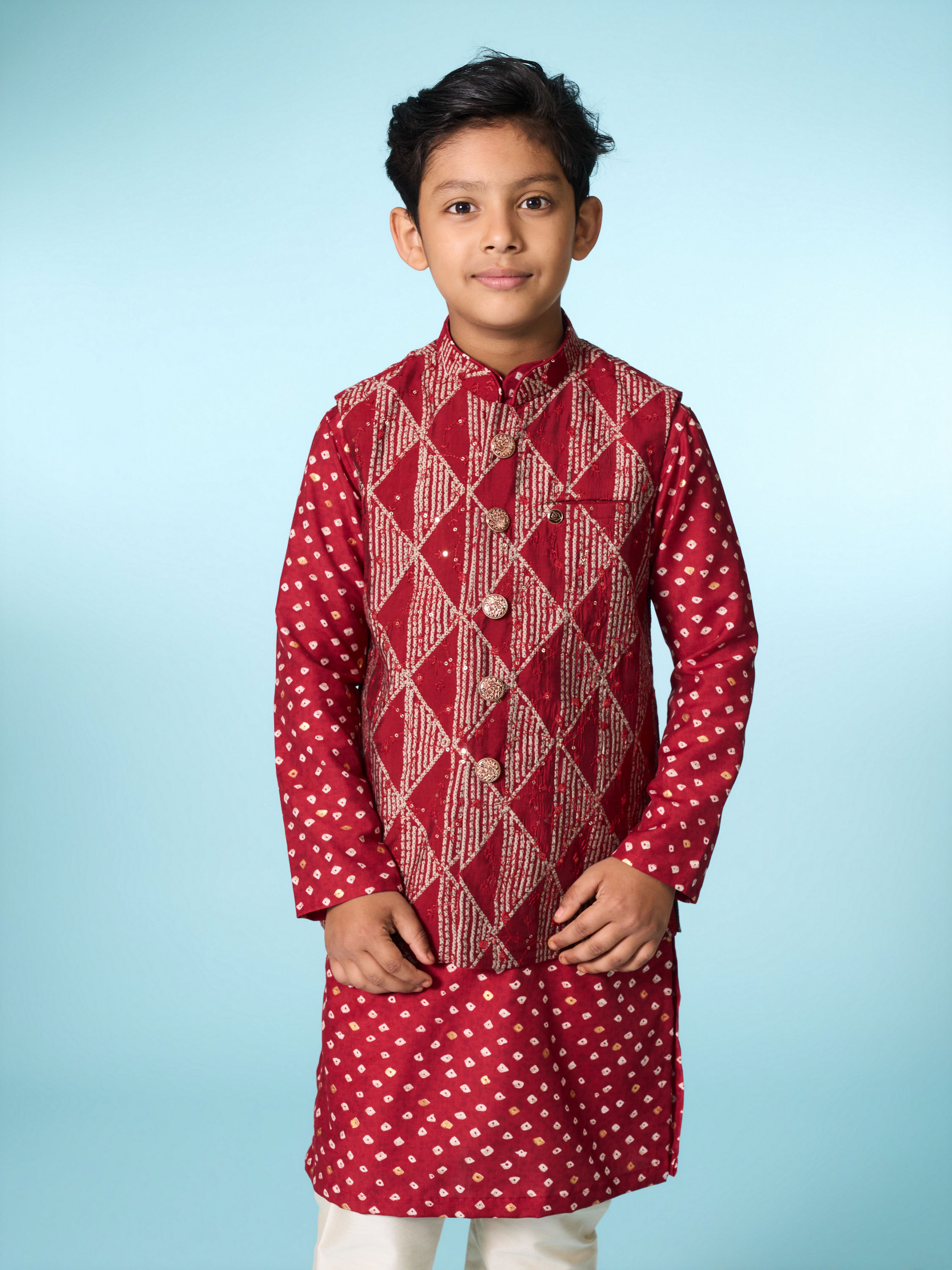 Manyavar Boys Regal Red Kurta Jacket Set
