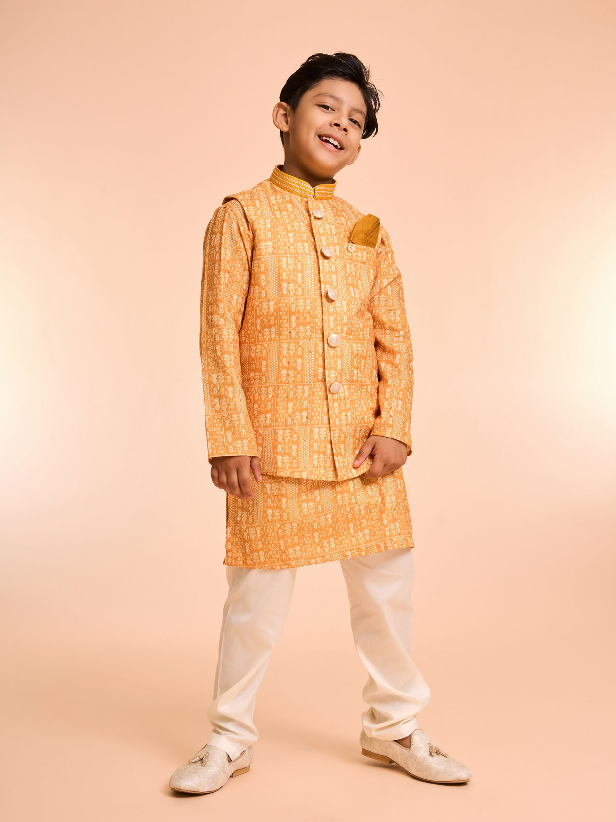 Manyavar Boys Radiant Mustard Kurta Jacket Set