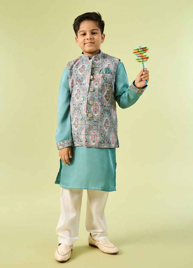 Manyavar Boys Regal Aqua Green Kurta Jacket Set