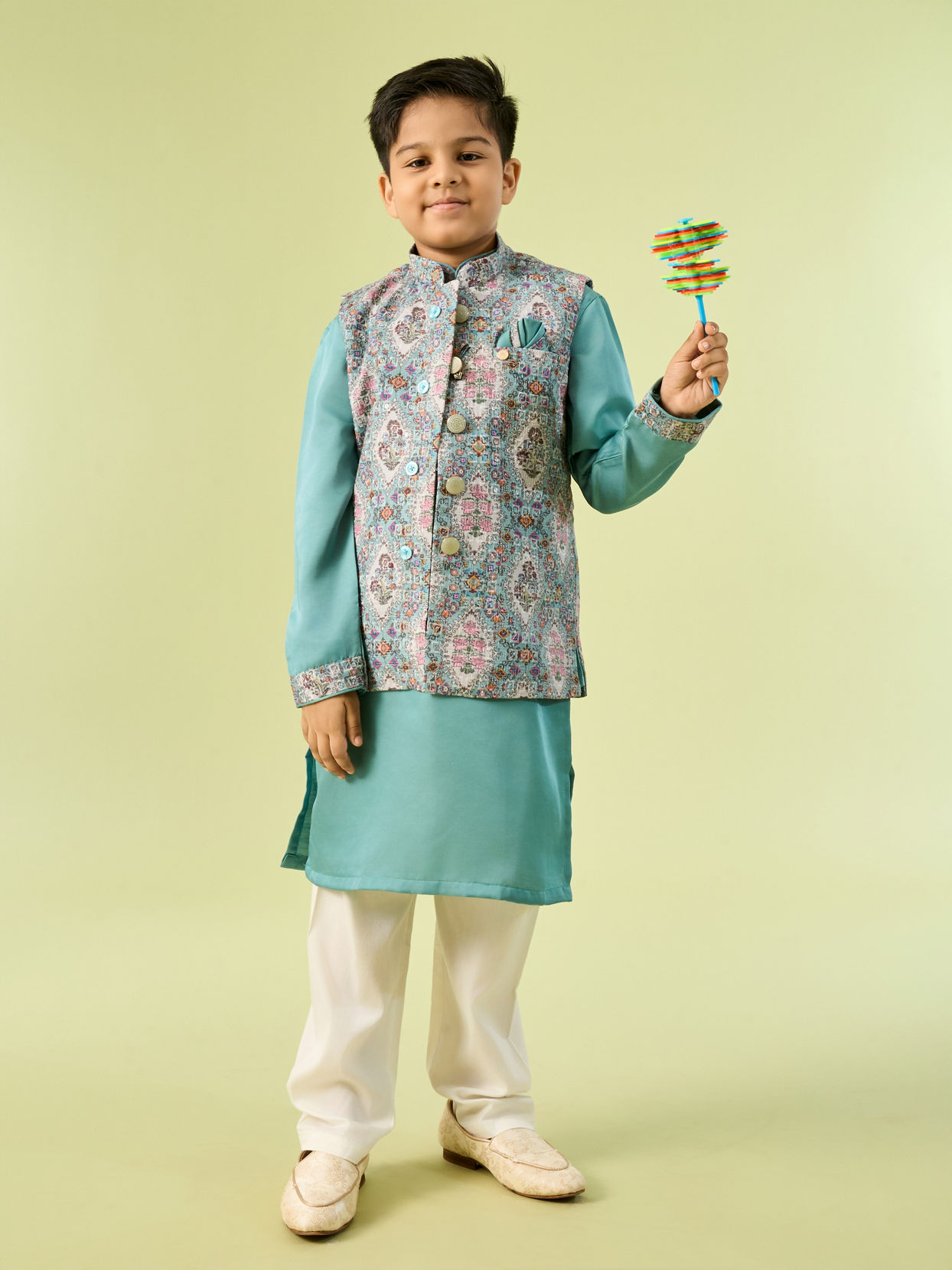 Manyavar Boys Regal Aqua Green Kurta Jacket Set