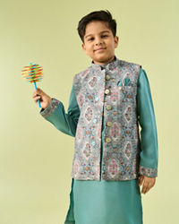 Manyavar Boys Regal Aqua Green Kurta Jacket Set