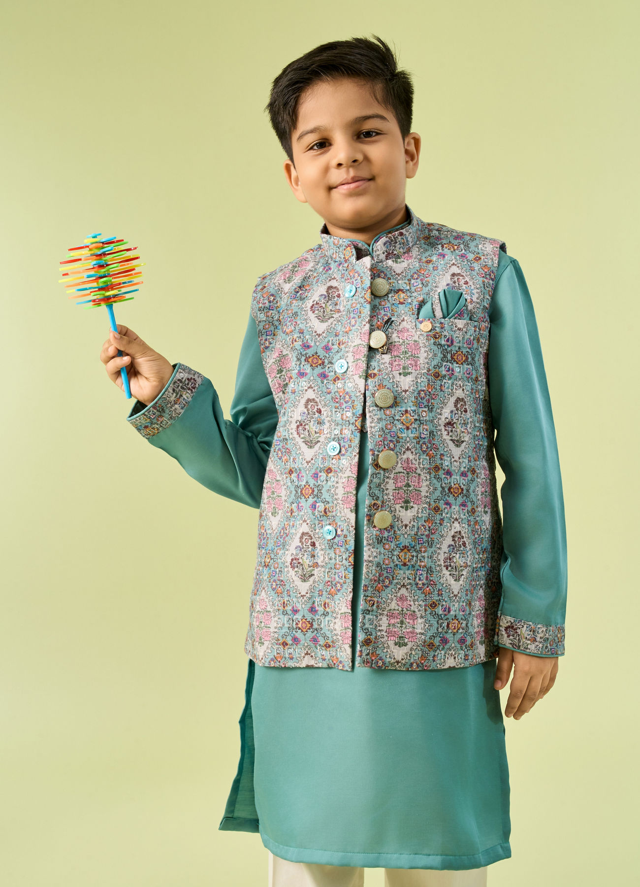 Manyavar Boys Regal Aqua Green Kurta Jacket Set