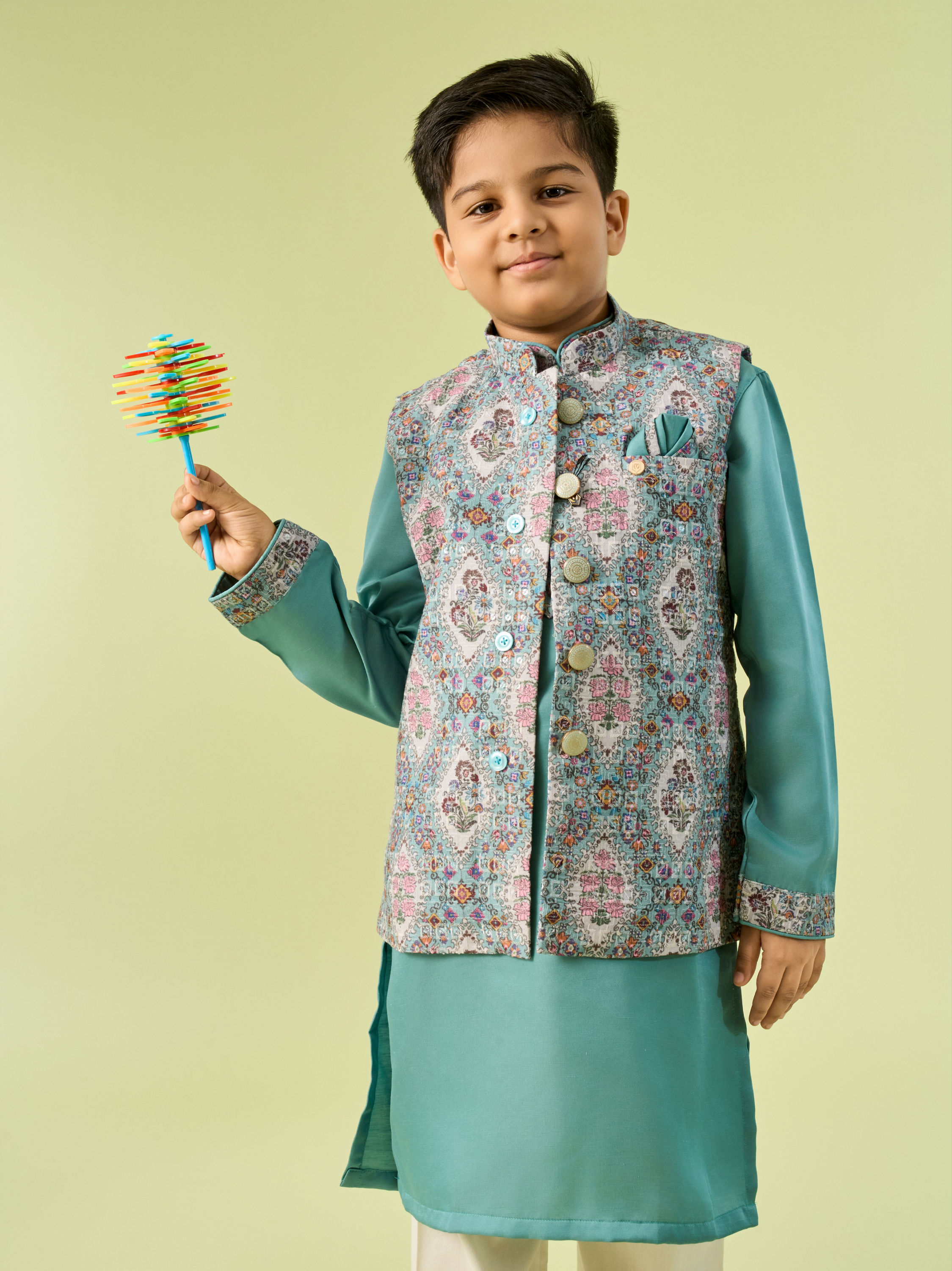 Manyavar Boys Regal Aqua Green Kurta Jacket Set