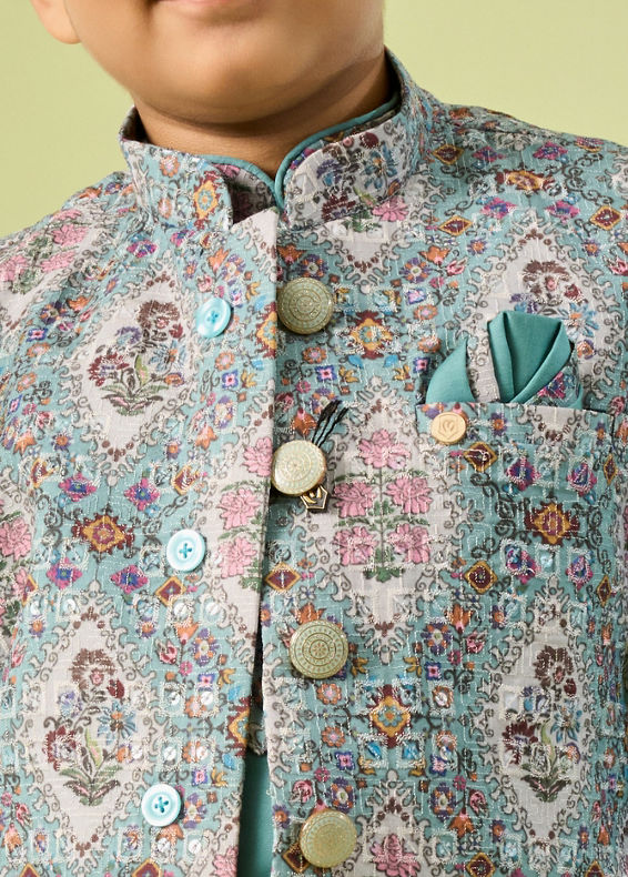 Manyavar Boys Regal Aqua Green Kurta Jacket Set