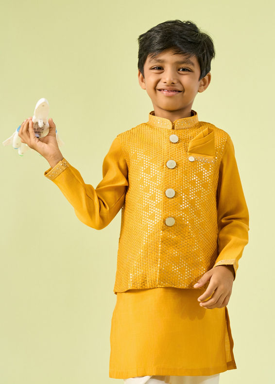 Manyavar Boys Mustard Yellow Sensation Kurta Jacket Set