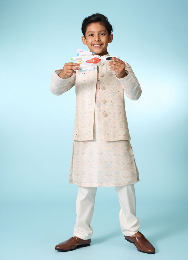 Manyavar Boys Cream Elegance Kurta Jacket Set