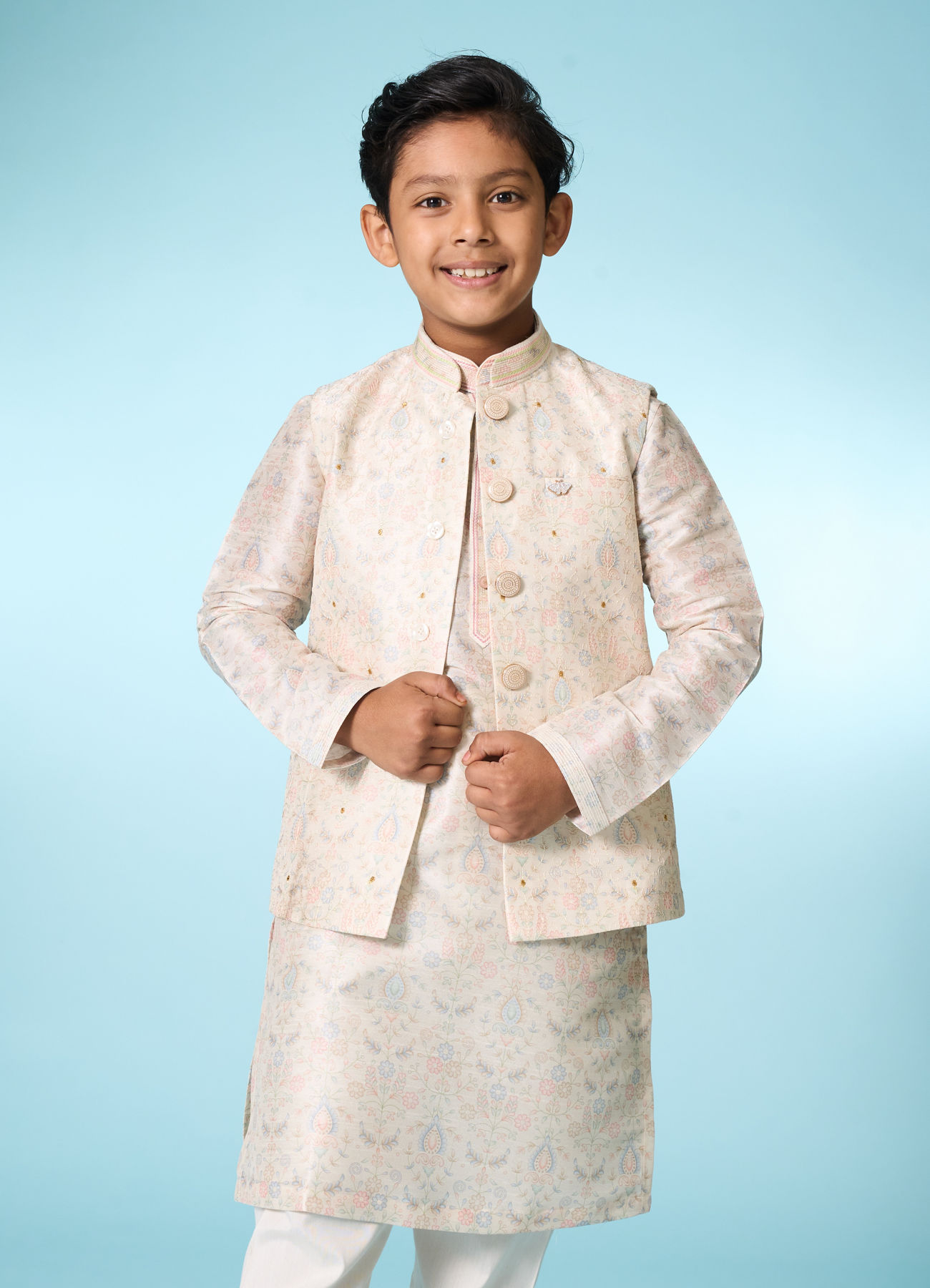Manyavar Boys Cream Elegance Kurta Jacket Set